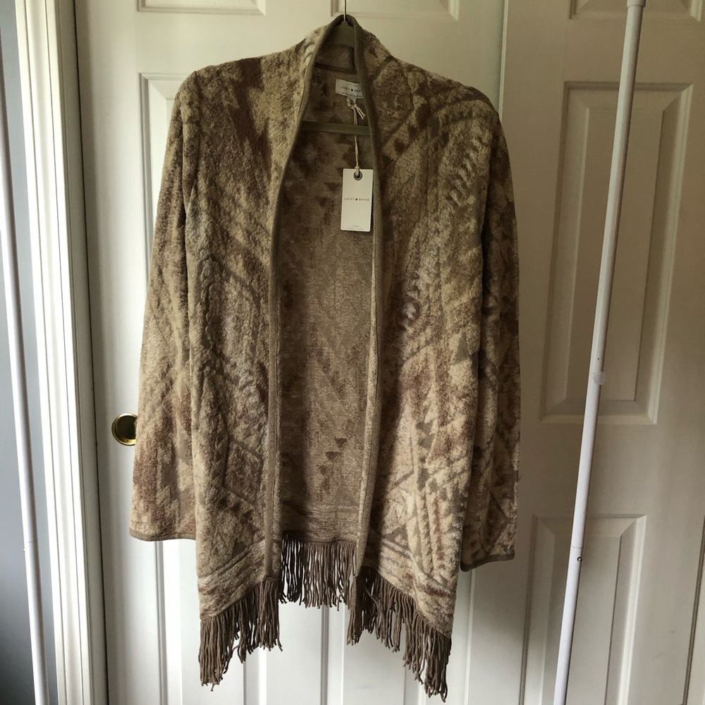 Lucky Brand Tan & Cream Patterned Fringe Open Cardigan